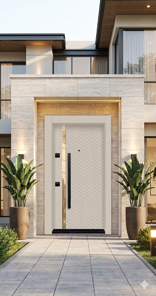 Prestij Serisi Lüks Villa Tipi Çelik Kapı - Krem Kapitone Desenli & Gold Şeritli (210x110 cm)