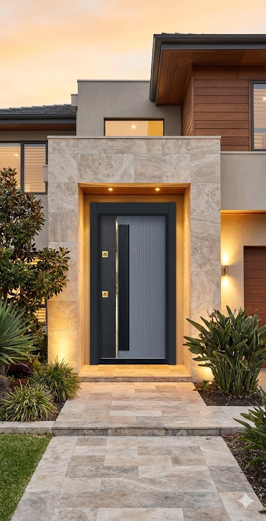 Elite Serisi Modern Lüks Villa Çelik Kapı - Antrasit/Siyah Dikey Tasarım - 110x210 cm (Pervazdan Pervaza) - Özel Gold Aksesuarlı