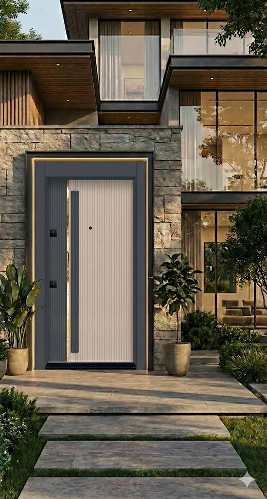 Elite Serisi Lüks Antrasit-Krem Dikey Çizgili Kabartma Çelik Villa Kapısı (210x110 cm) - Yüksek Güvenlikli