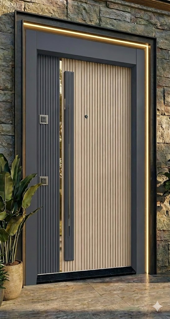 Elite Serisi Lüks Antrasit-Krem Dikey Çizgili Kabartma Çelik Villa Kapısı (210x110 cm) - Yüksek Güvenlikli - Görsel 3