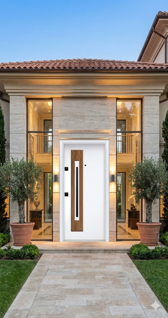 Modern Lüks Villa Kapısı - Beyaz Ahşap Detaylı Camlı Çelik Kapı (Pervazdan Pervaza 110x210 cm)