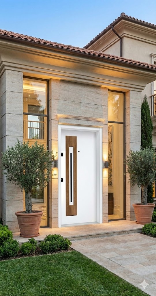 Modern Lüks Villa Kapısı - Beyaz Ahşap Detaylı Camlı Çelik Kapı (Pervazdan Pervaza 110x210 cm) - Görsel 2