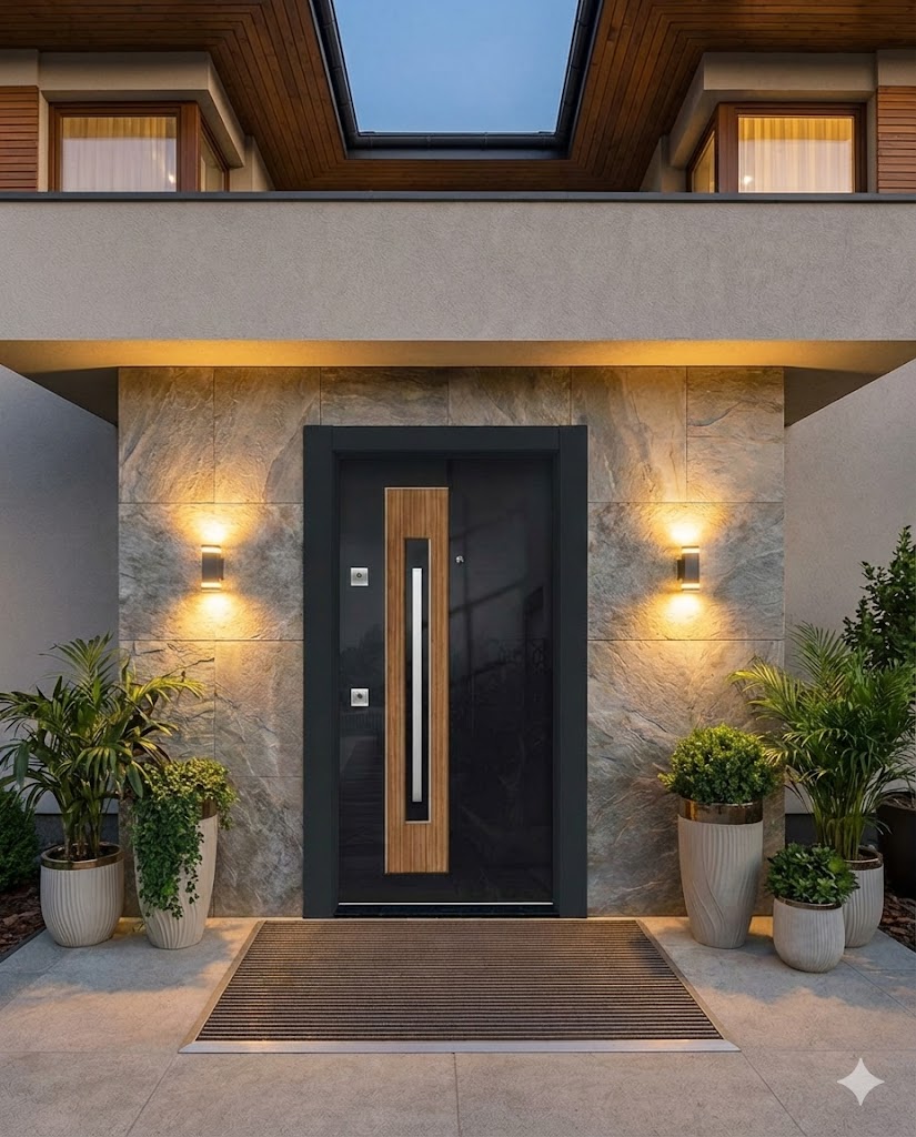 Parlak Antrasit ve Ceviz Kombinli High-Gloss Çelik Villa Kapısı