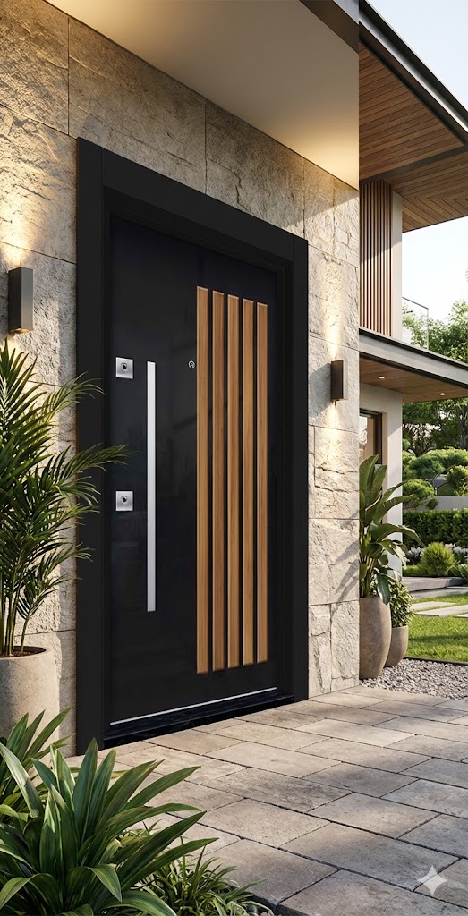 Modern Siyah High-Gloss Yüzeyli Dikey Ahşap Çıtalı Lüks Çelik Villa Kapısı (110x210 cm) - Görsel 3